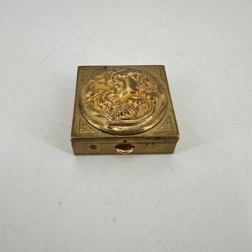 Antique Art Nouveau Brass Pill Box Lady Face Repousse Square Trinket Case Gold